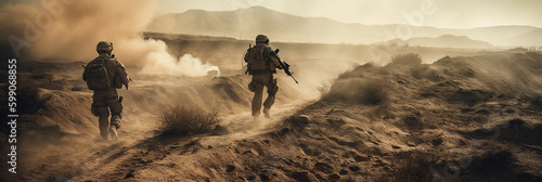 Military special forces soldiers crosses destroyed warzone through fire and smoke in the desert. AI generative