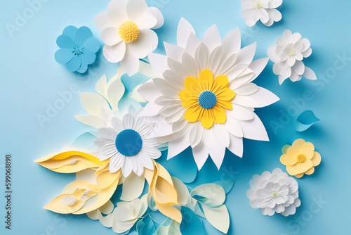 White flowers - paper applique (imitation) on light blue background. AI generative