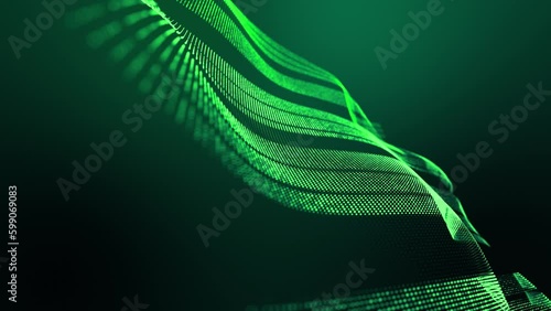 4k looped abstract green background of glow particles form lines, surfaces, stripes structures as futuristic landscape in cyberspace or hologram. Sci-fi theme with DOF, lighting effects Generative AI