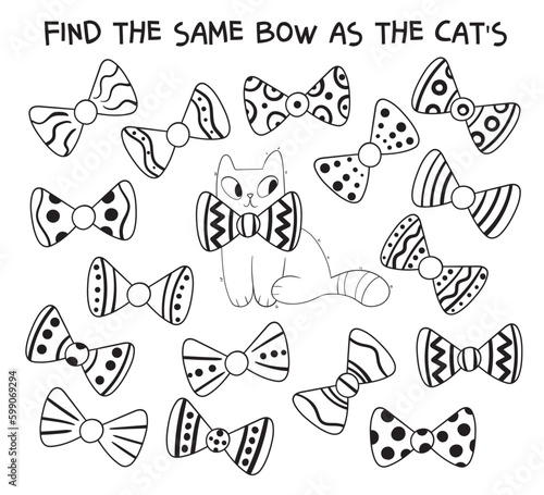 Find two identical bows. Find 2 same objects. Educational game for children. Choose correct answer. Coloring book. Cartoon characters. Funny vector illustration. Black and white image