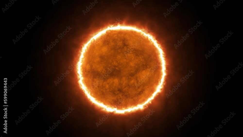 A bright yellow star is the Sun in black space. The crown of the sun shimmers with a fiery color, releasing large streams of energy. Plasma rotates, fiery gases come out. Animation of the solar sphere A bright yellow star is the Sun in black space. The crown of the sun shimmers with a fiery color, releasing large streams of energy. Plasma rotates, fiery gases come out. Animation of the solar sphere