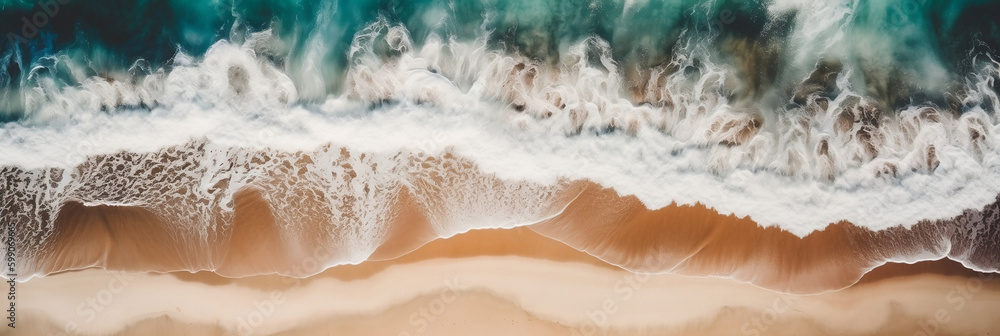 Aerial top bird eye view beach by watercolor brush painting in brown sand blue sea wave for backgrounds or banner (generative AI)