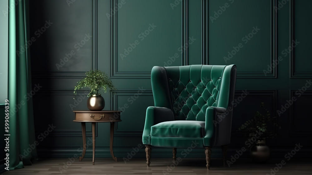 Home interior mock-up with dark green armchair, table and decor in living room. Generative Ai