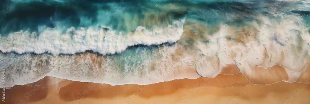 Aerial top bird eye view beach by watercolor brush painting in brown sand blue sea wave for backgrounds or banner (generative AI) Aerial top bird eye view beach by watercolor brush painting in brown sand blue sea wave for backgrounds or banner (generative AI)