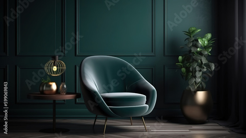 Home interior mock-up with dark green armchair, table and decor in living room. Generative Ai