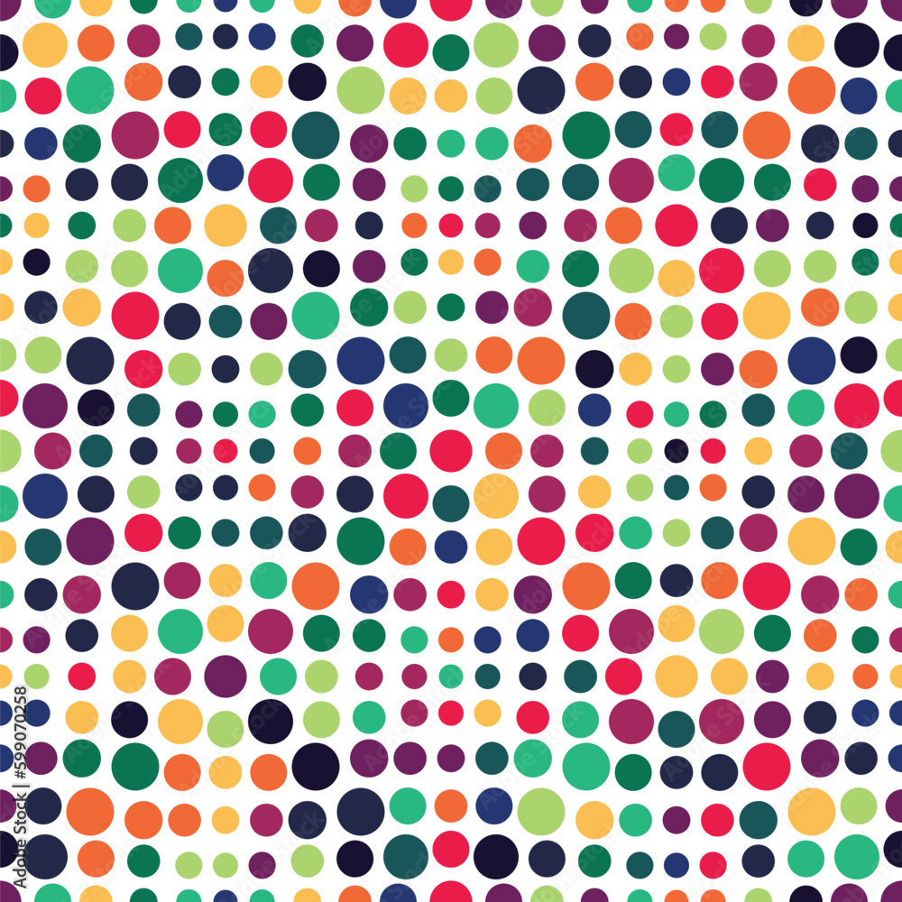 Seamless polka pattern with a grid of multicolored circles on a white background. Retro style geometric dot texture. Vector illustration for textile, wrapping, print, and decorative projects. Seamless polka pattern with a grid of multicolored circles on a white background. Retro style geometric dot texture. Vector illustration for textile, wrapping, print, and decorative projects.