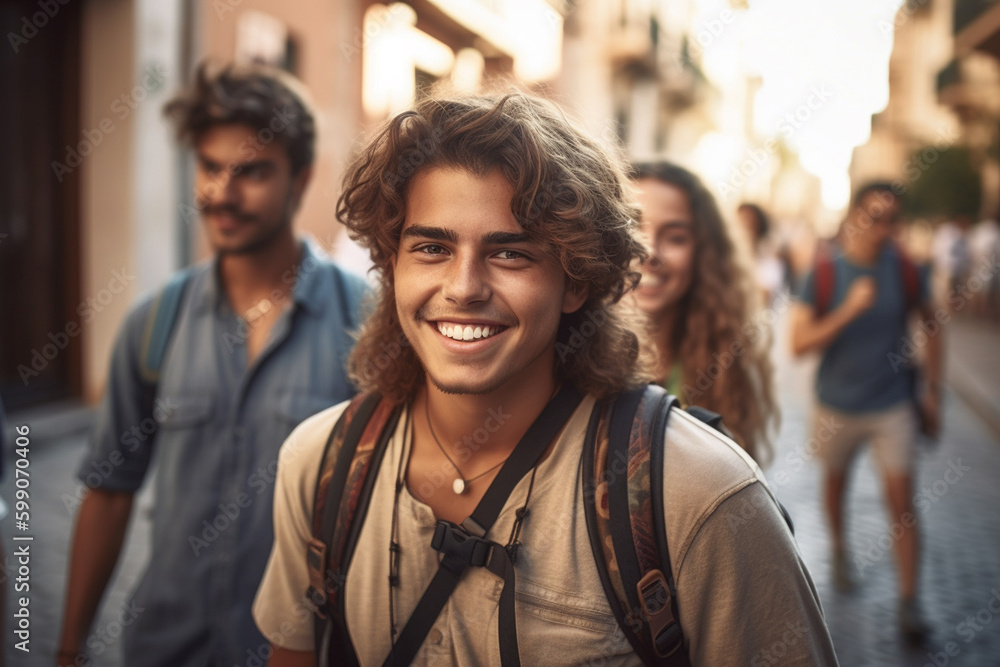 young couple or friends or siblings together in an old town, fictional place, excursion or vacation or weekend or shopping in summer. Generative AI young couple or friends or siblings together in an old town, fictional place, excursion or vacation or weekend or shopping in summer. Generative AI