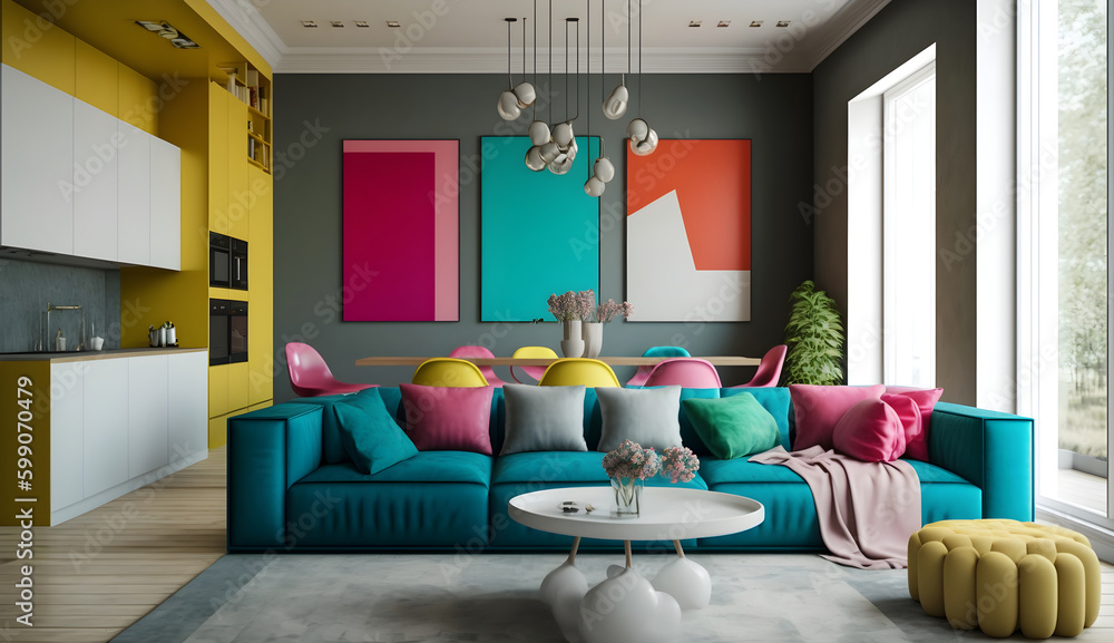 Fototapeta premium Minimalist Interior of modern living room 3D rendering, generative ai