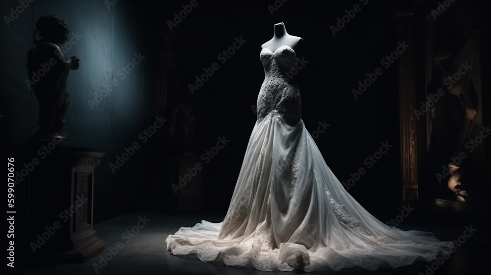 Wedding dress on a mannequin in a dark room.generative ai Wedding dress on a mannequin in a dark room.generative ai