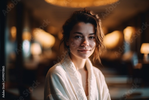 young adult woman in bathrobe in her apartment or on vacation in hotel, luxury, sunny day. Generative AI