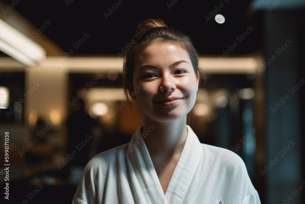 young adult woman in bathrobe in her apartment or on vacation in hotel, luxury, sunny day. Generative AI young adult woman in bathrobe in her apartment or on vacation in hotel, luxury, sunny day. Generative AI