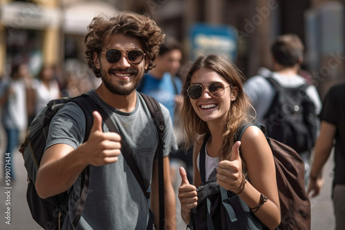 thumbs up of a young adult woman and man with backpack, outdoors in leisure time, fictional place. Generative AI