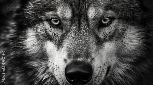 Black and white portrait of a wolf on a black background.generative ai