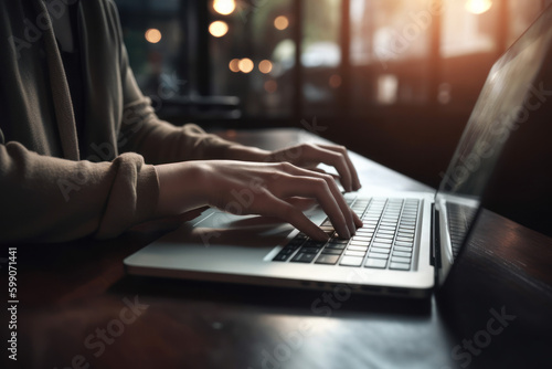 A woman typing on a laptop computer on a table created with Generative AI technology