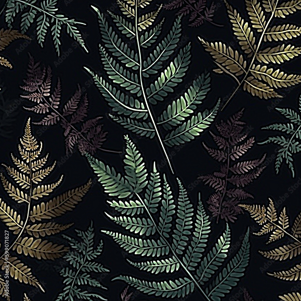 Seamless pattern with fern leaves. Botanical background. colorful illustration,  Created using generative AI tools.