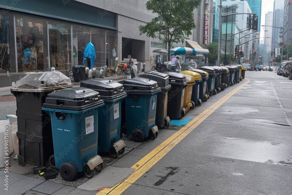 many rubbish bins in a row along a roadside road in a modern city, ready for collection. Generative AI many rubbish bins in a row along a roadside road in a modern city, ready for collection. Generative AI