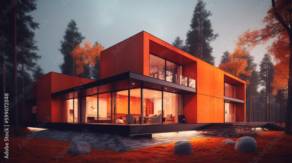 Modern house in forest, 3d render, Bright color. Generative Ai