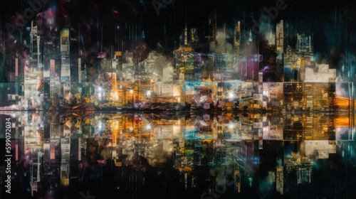 city embankment at night with skyscrapers illuminated over a river with reflections. Generative AI