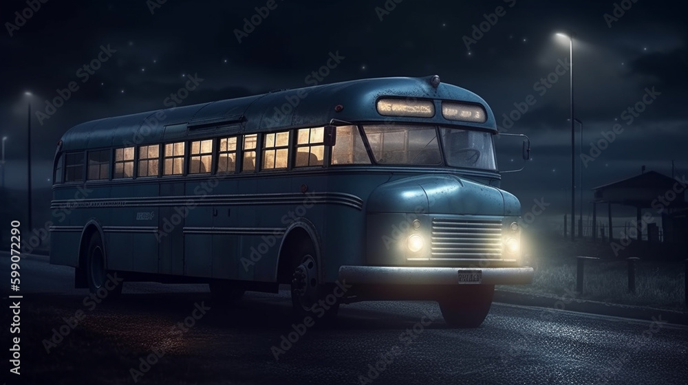 Vintage bus on the road at night.generative ai