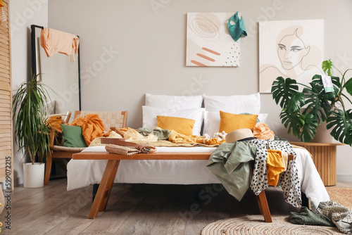 Interior of bedroom with di...