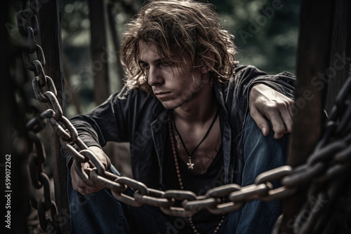 young caucasian adult man chained, chained, prison or enslavement, fictional place. Generative AI