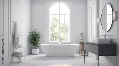 White cozy bathroom interior background  wall mockup  3d render. Generative Ai