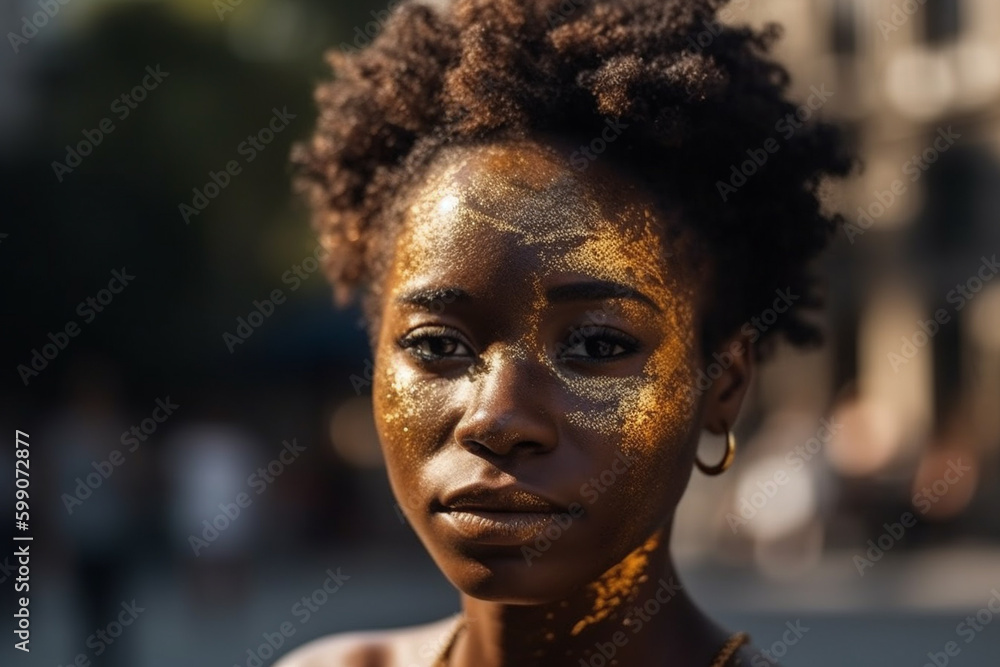 Fashion portrait of face of attractive young black woman with gold makeup and gold dust, summer day. Generative AI Fashion portrait of face of attractive young black woman with gold makeup and gold dust, summer day. Generative AI