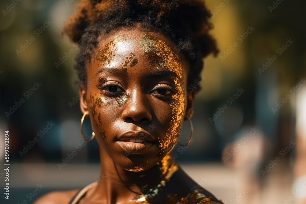 Fashion portrait of face of attractive young black woman with gold makeup and gold dust, summer day. Generative AI Fashion portrait of face of attractive young black woman with gold makeup and gold dust, summer day. Generative AI