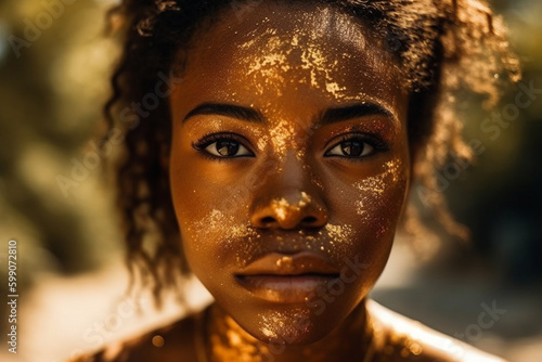 Fashion portrait of face of attractive young black woman with gold makeup and gold dust, summer day. Generative AI