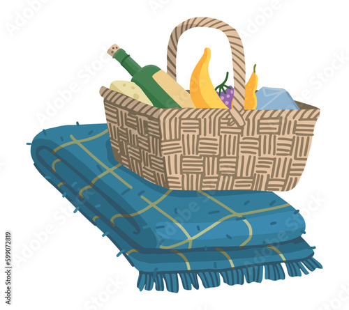 Picnic basket and blanket. Summer time leisure doodle clipart isolated on white. Colored vector illustration in cartoon style.