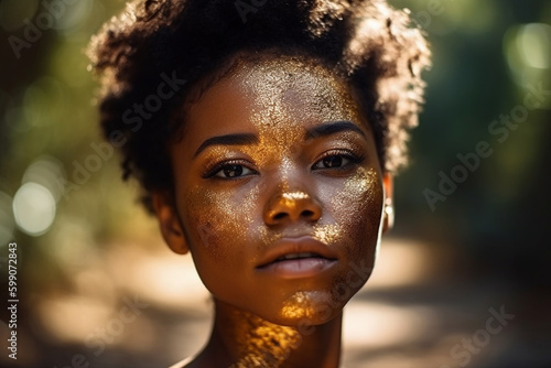 Fashion portrait of face of attractive young black woman with gold makeup and gold dust, summer day. Generative AI