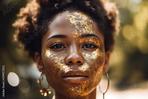Fashion portrait of face of attractive young black woman with gold makeup and gold dust, summer day. Generative AI