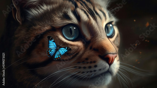 Cat with blue butterfly on a black background. generative ai