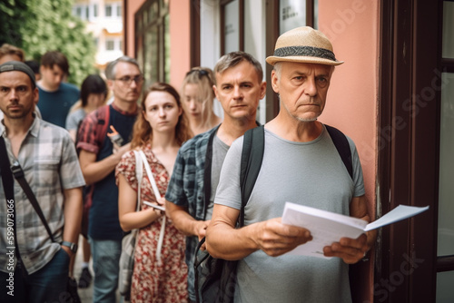 bored people of different ages in a long queue. Generative AI