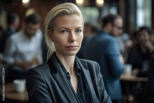 mature adult blonde woman 30s in a cafe with crowd of people, nervous or tense facial expression. Generative AI