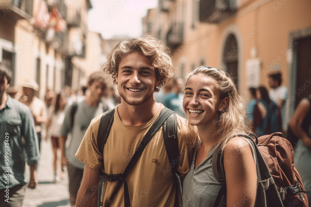 young couple or friends or siblings together in an old town, fictional place, excursion or vacation or weekend or shopping in summer. Generative AI