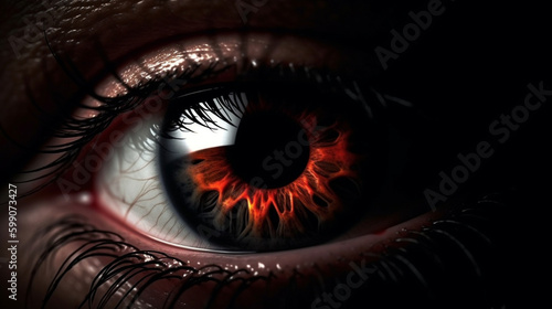 Close up of human eye with fire in iris,generative ai