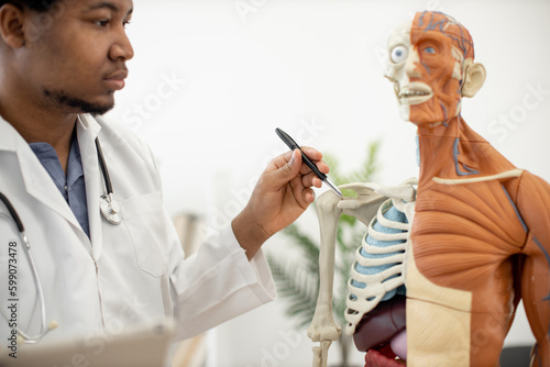 Close up view of multiethnic male with stethoscope marking joint of humerus on anatomy teaching model on workplace background. Focused physician exploring shoulder girdle using human 3d skeleton.