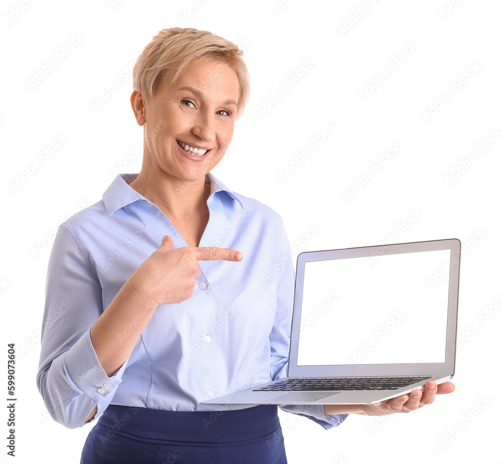 Mature businesswoman with laptop on white  background