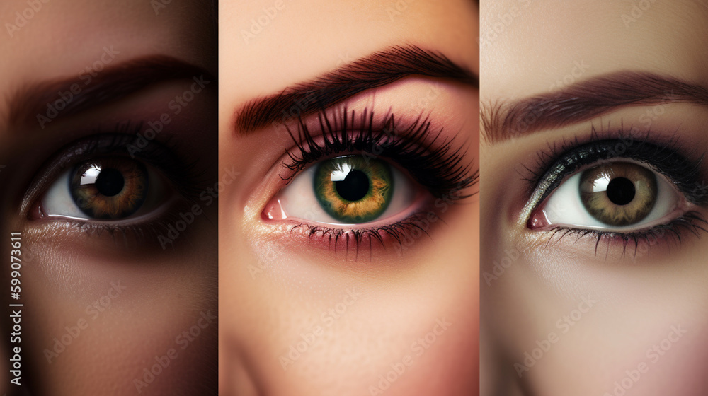 Fototapeta premium Collage of beautiful female eyes with different shades of green make-up.generative ai