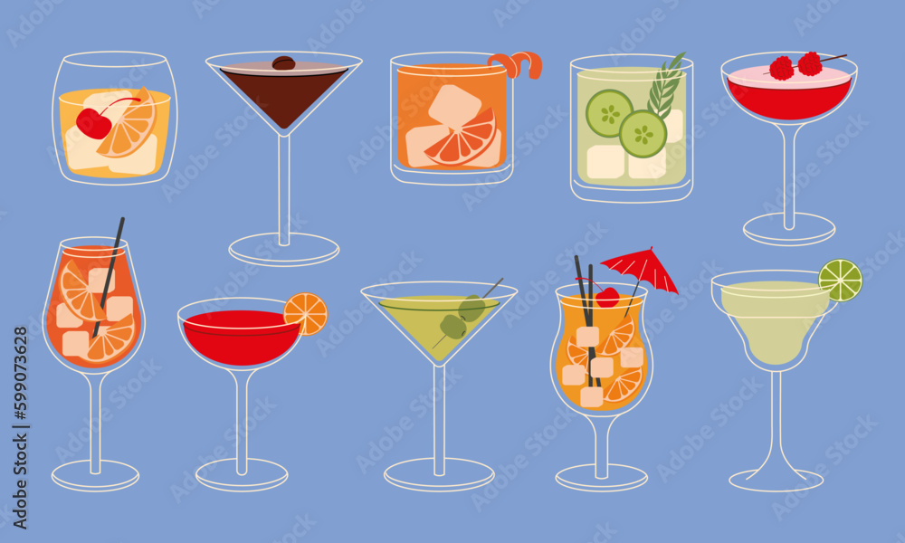 Set of cocktails vector flat illustration. Classic cocktails in different types of glasses for menu. Alcohol beverages. Set of cocktails vector flat illustration. Classic cocktails in different types of glasses for menu. Alcohol beverages.