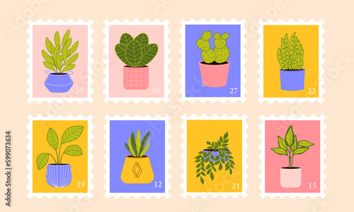 Set of colourful post stamps with houseplants vector flat illustration. Mail and post office concept.