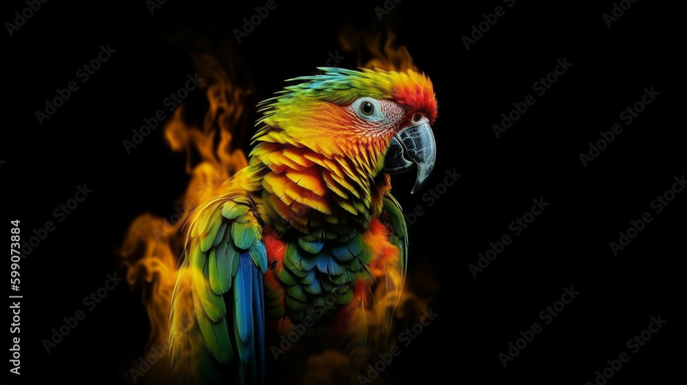 Fototapeta premium Colorful parrot on fire isolated on black background,generative ai