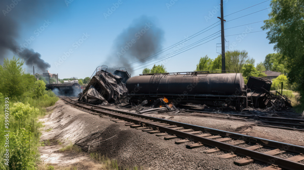Obraz premium train accident. Train derailment. Neural network AI generated. Generative AI