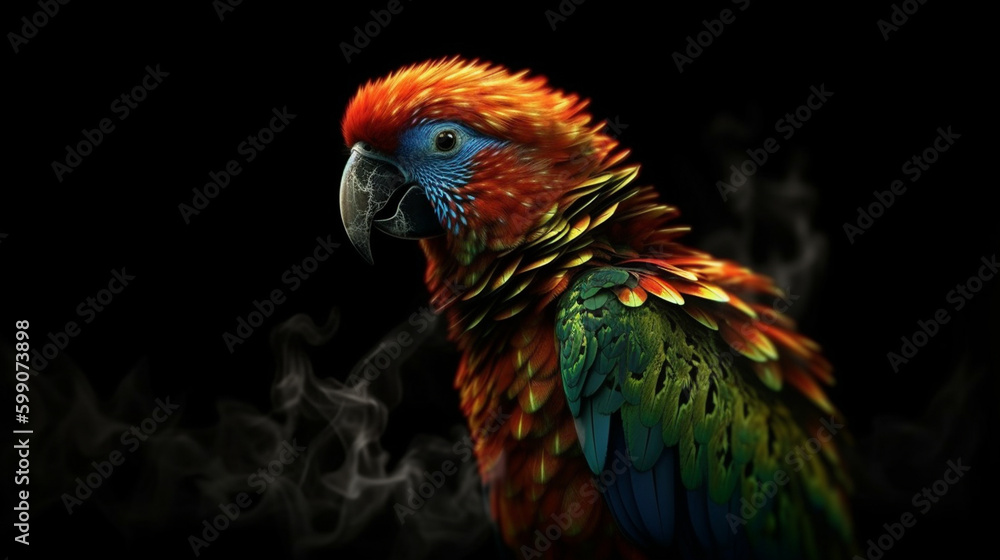 Colorful parrot on fire isolated on black background,generative ai