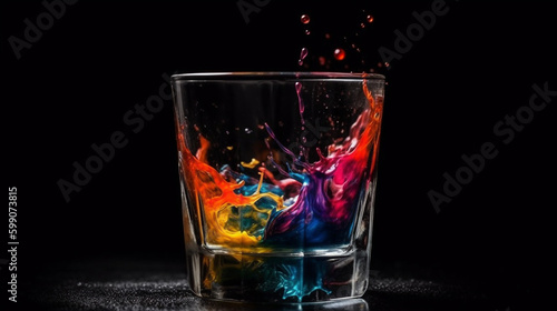 Colorful splashes in a glass of whiskey on a black background.generative ai