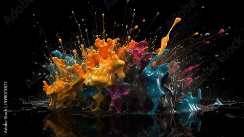 Colorful paint splashes isolated on black background. generative ai