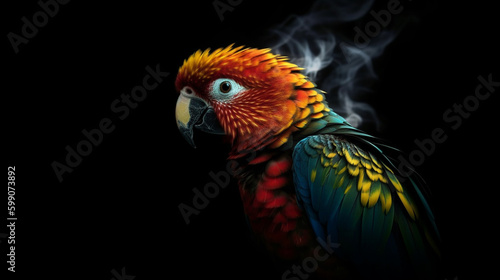 Colorful parrot on fire isolated on black background,generative ai