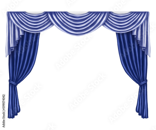Arch of blue curtains made of satin  silk  fabric. Digital illustration on a white background. Decorative element for windows and doors in the interior of a house  dance hall  theater