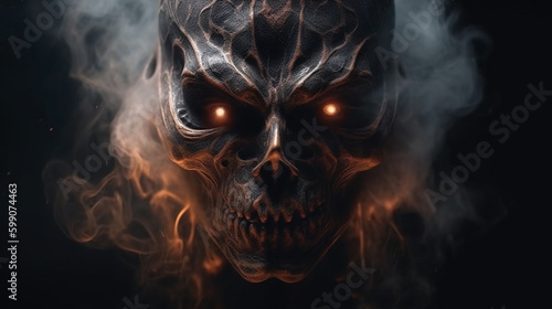 Human skull with smoke on black background. Halloween concept.generative ai